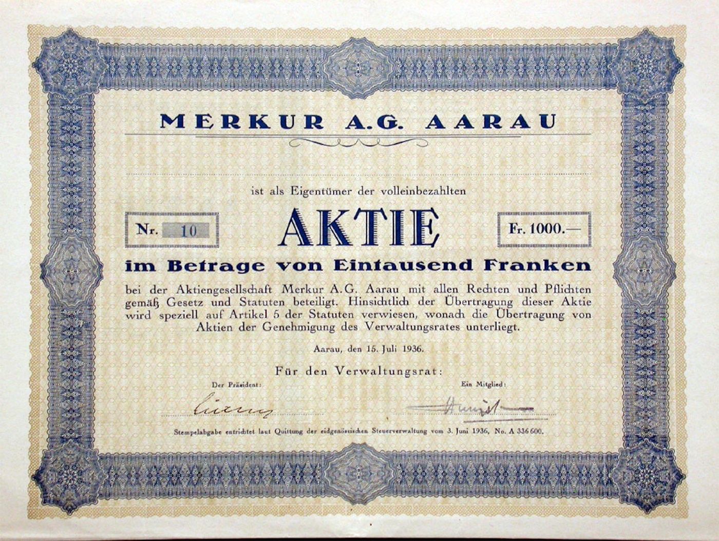 Documenti: Merkur AG, Aarau - 1936 – Usato da Solothurn venduto da Sgasche