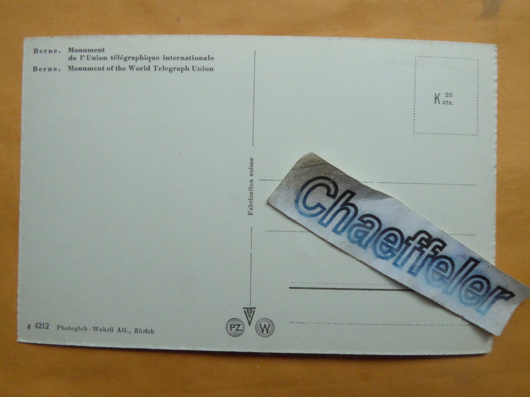 Cartoline postali: Bern.  Welttelegraphendenkmal – Usato da Zürich venduto da Chaeffeler 1