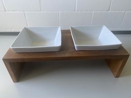 Hundenapf Erhöhung Holz mit 2 Keramikschalen weiss neu