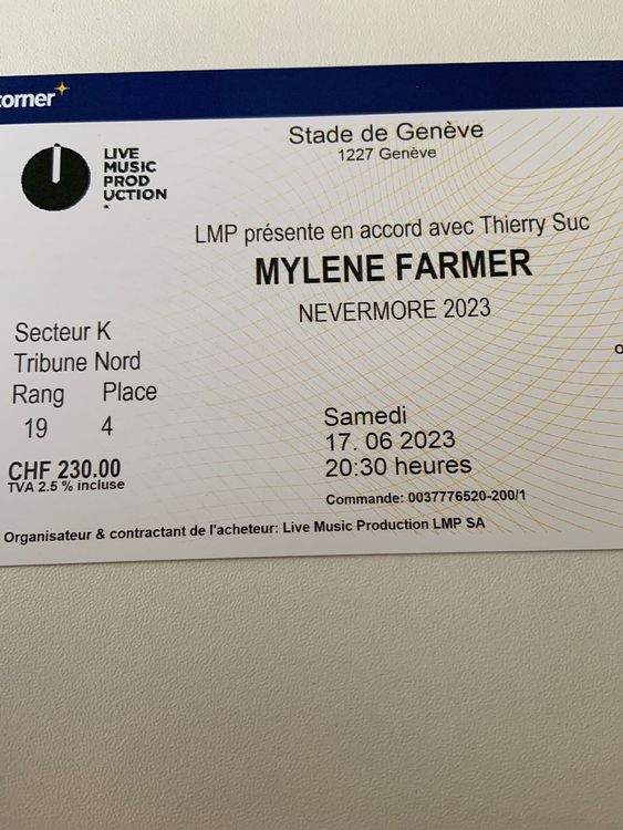 1 Billet Concert Mylène Farmer Samedi 23 Juin a Lille, Carré OR