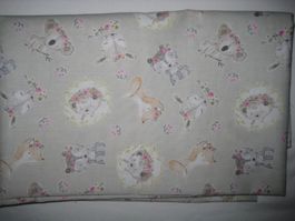 Baumwollstoff Bio taupe mit Koala, Igel, Fuchs..