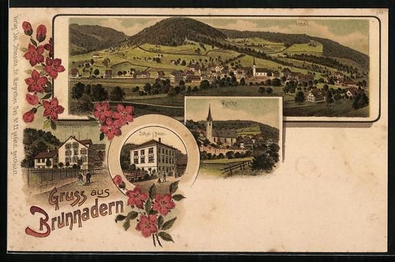 Cartoline postali: Litho Brunnadern, Pfarrhaus, Schulhaus,  – Usato da Berlin venduto da bartko-reher