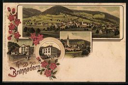 Litho Brunnadern, Pfarrhaus, Schulhaus, 