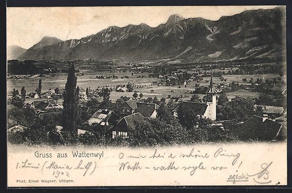 Cartoline postali: AK Wattenwil, Ortsansicht mit Kirche – Usato da Berlin venduto da bartko-reher