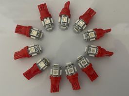 10x Lampes / Ampoules T10 5W 12V 5LED SMD (Rouge)