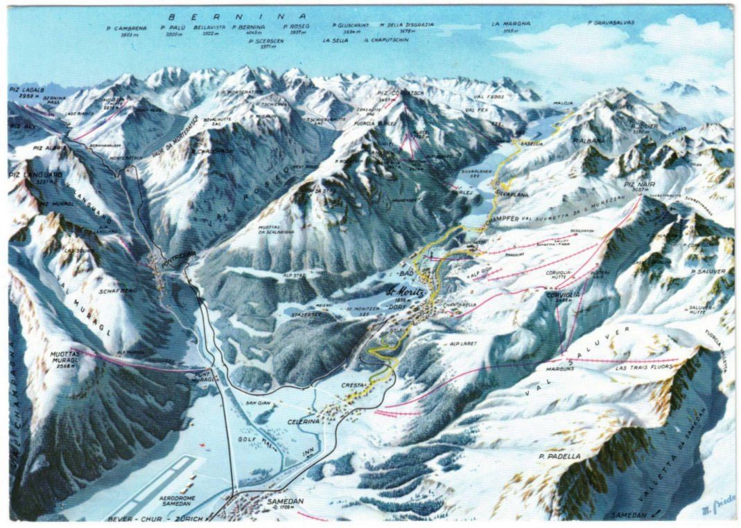 Cartes postales: St. Moritz - Panorama mit Bergbahnen – D'occasion à Binningen par Mountainrider
