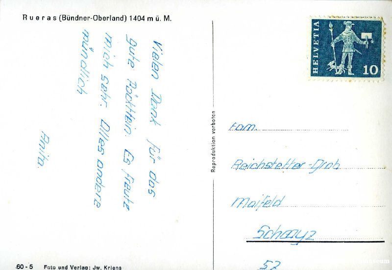 Ansichtskarten: Rueras - Bündner Oberland + c1965 – Gebraucht aus Emmenbrücke von teestube 1
