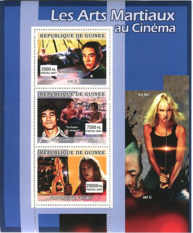 Tutti i francobolli: Block "Bruce Lee, Jet Li, Uma Thurman". Guinea – Nuovo e nell'imballaggio originale da Basel venduto da Butsch5