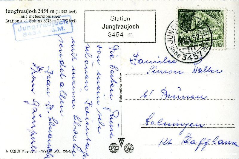 Ansichtskarten: Jungfraujoch + 1952 Poststempel – Gebraucht aus Emmenbrücke von teestube 1