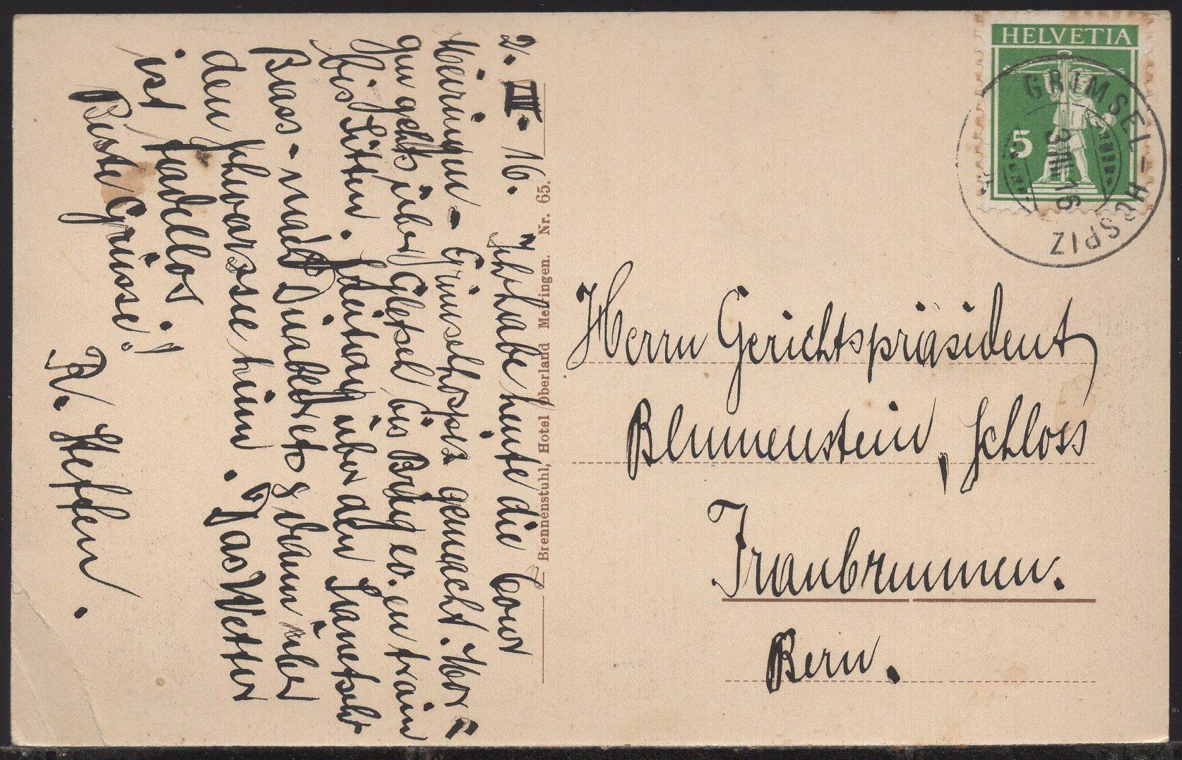 Cartoline postali: Grimsel - Hospiz   1916 – Usato da Aarau venduto da kufi44 1