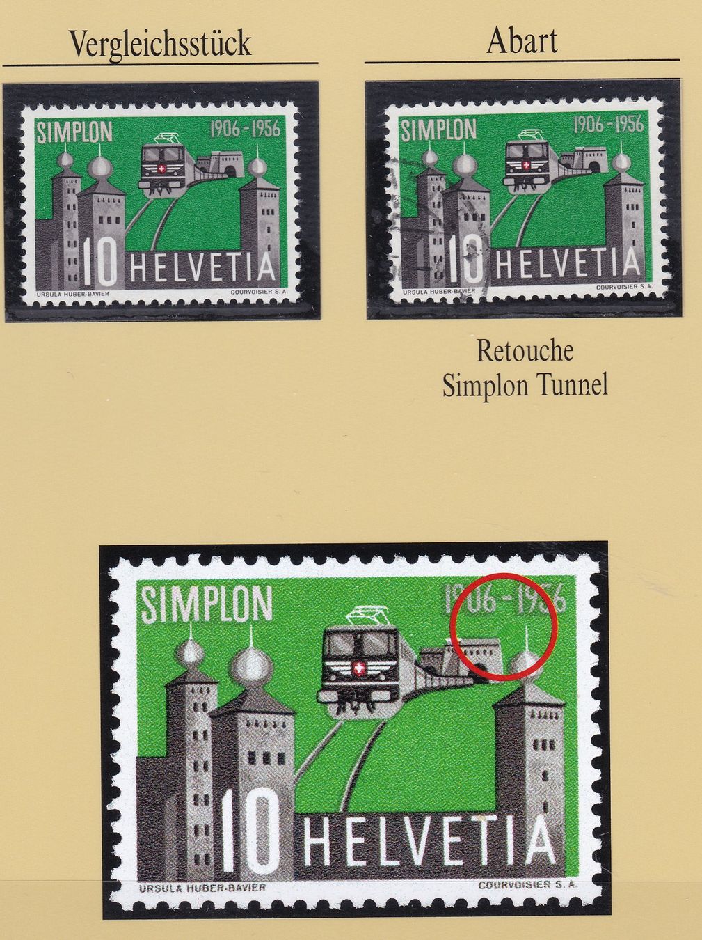 Tutti i francobolli: 1956, ABART, SIMPLON TUNNEL, RETOUCHE, 10 RAPPEN, GESTEMPELT – Usato da Oberrieden venduto da Gebirgsstelze