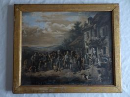 Antike Jagdszene um 1850  mit Jäger Treiber Dorfbevölkerung