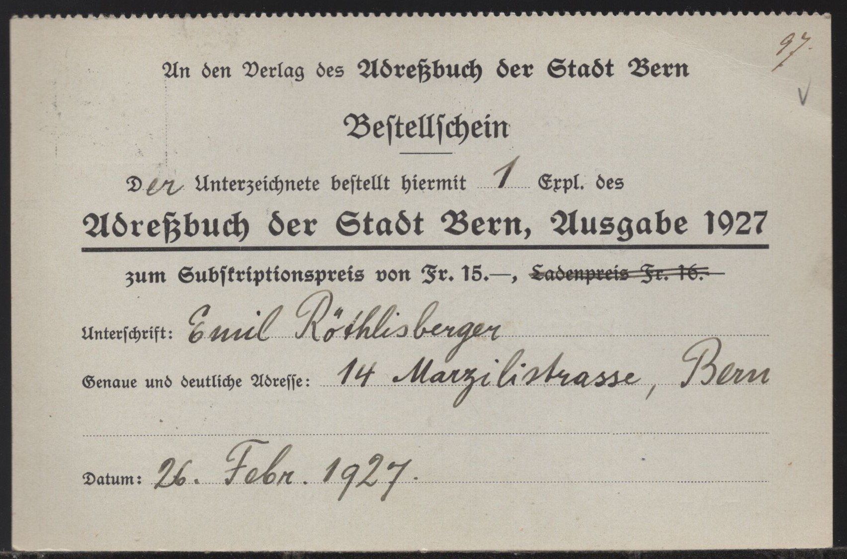 Tutti i francobolli: Adressbuch Stadt Bern  1927 – Usato da Aarau venduto da kufi44 2