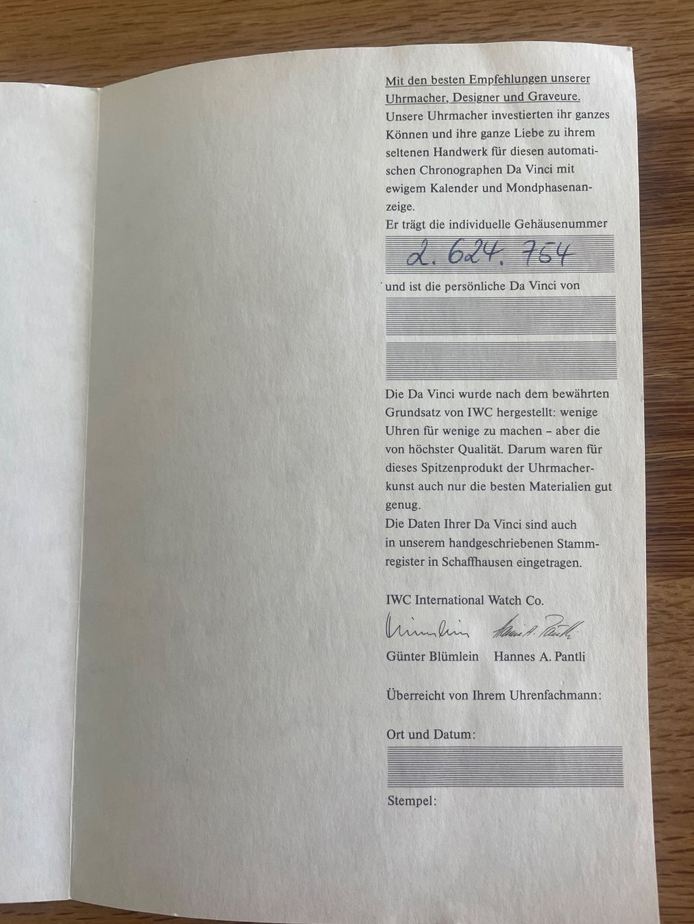 Documenti: IWC Da Vinci Besitzesurkunde – Usato da Fidaz venduto da Montifino 2