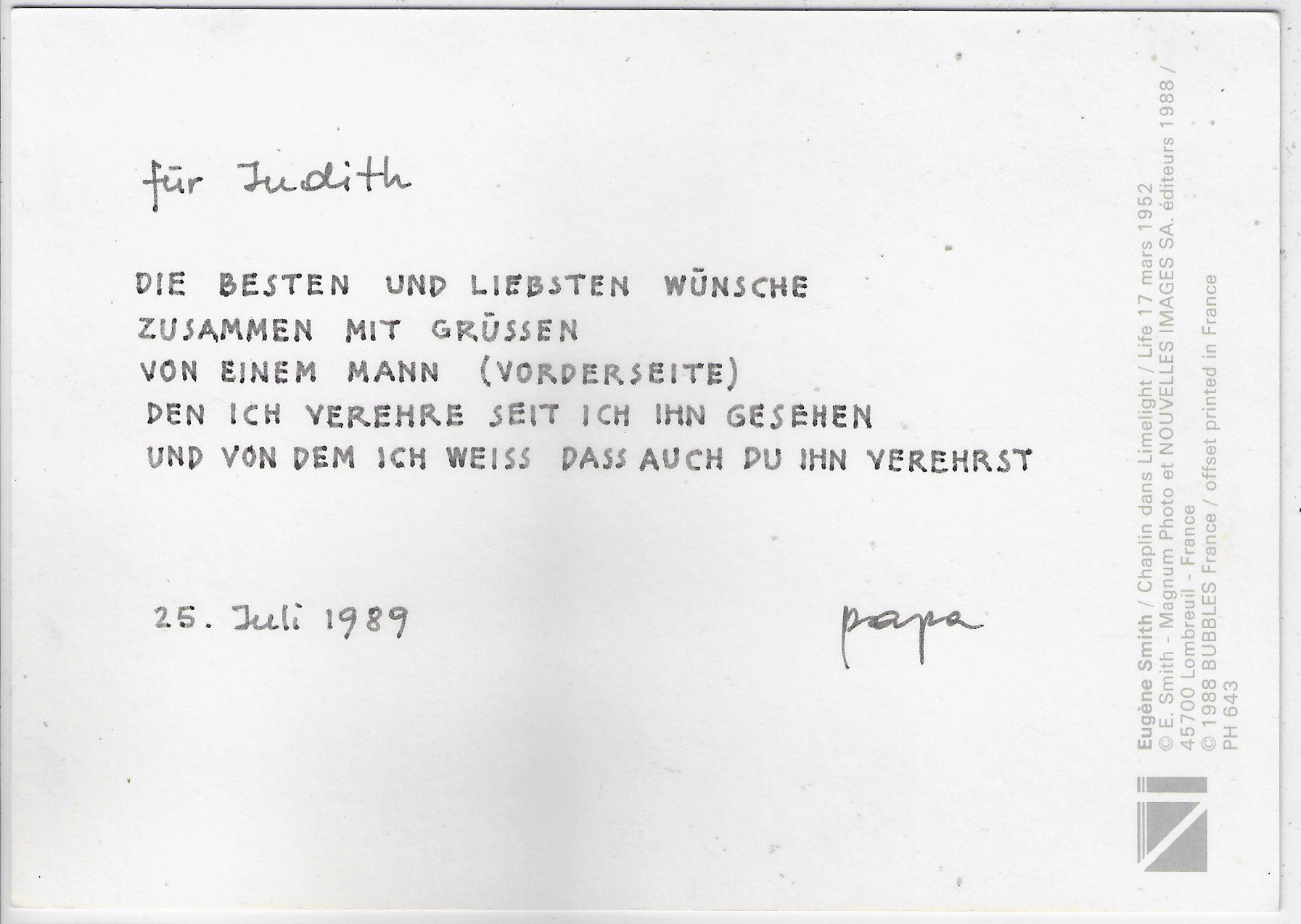 Cartoline postali: Chaplin dans Limelight 1952 - Eugene Smith – Usato da Ettingen venduto da Kartenplanet 1