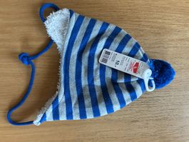 Kinder Mütze Smile gestreift blau grau Grösse 40
