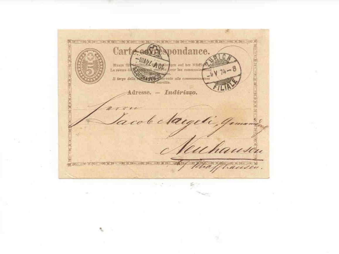 Cartoline postali: Postkarte Neuhausen SH  1874 – Usato da Neuhausen venduto da magi07