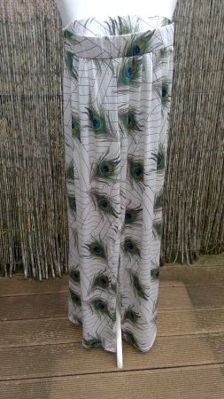 Pantalon écru motifs plumes de Paons, taille L, NEUF