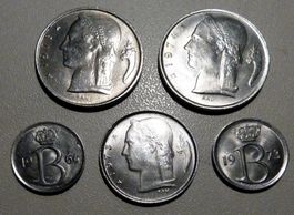 Belgische Münzen 5 franc, 1 franc, 25 cent 1964-1973 5er Lot