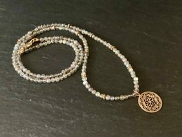 Labradorit Medaillen Anhänger Kette - Silber Vergoldet