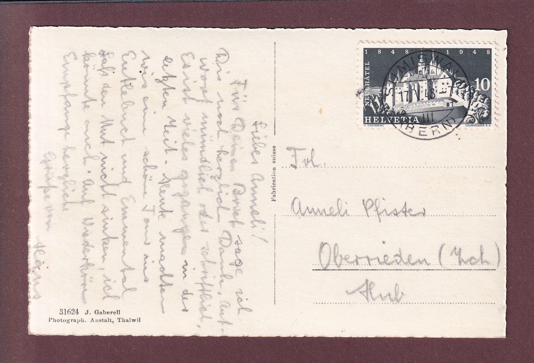 Ansichtskarten: SUMISWALD - Teilansicht - 1948 – Gebraucht aus Pully von nicecards 1