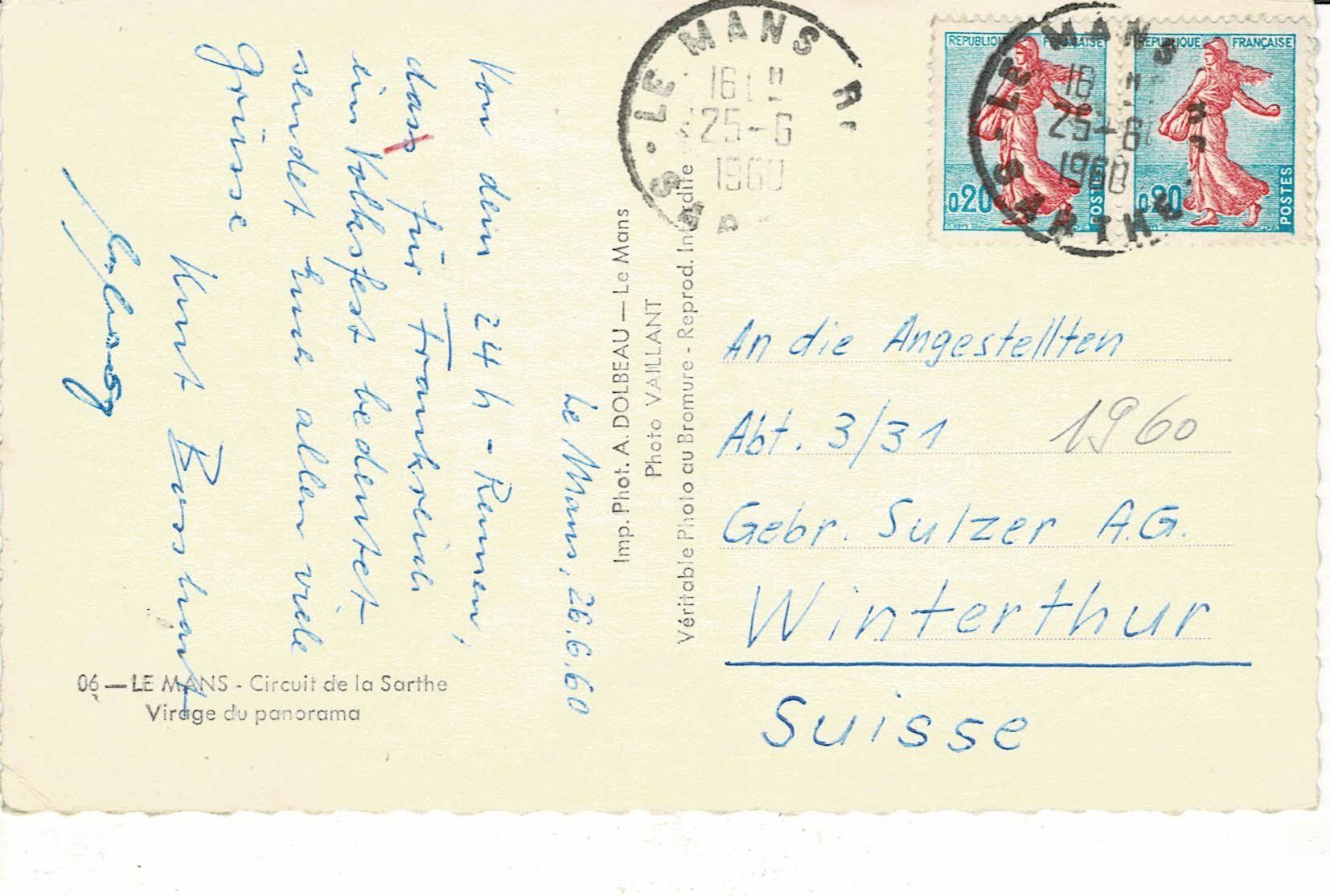 Cartoline postali: LES MANS Autorennen 1960! – Usato da Hergiswil NW venduto da Kartenfrau 1
