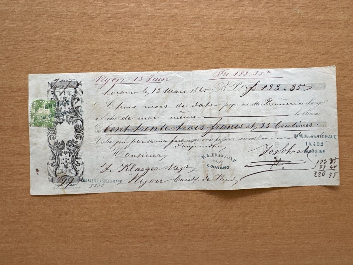 Documenti: Facture Franconia Locarno 1865 – Usato da GRAND - LANCY venduto da petitpain67