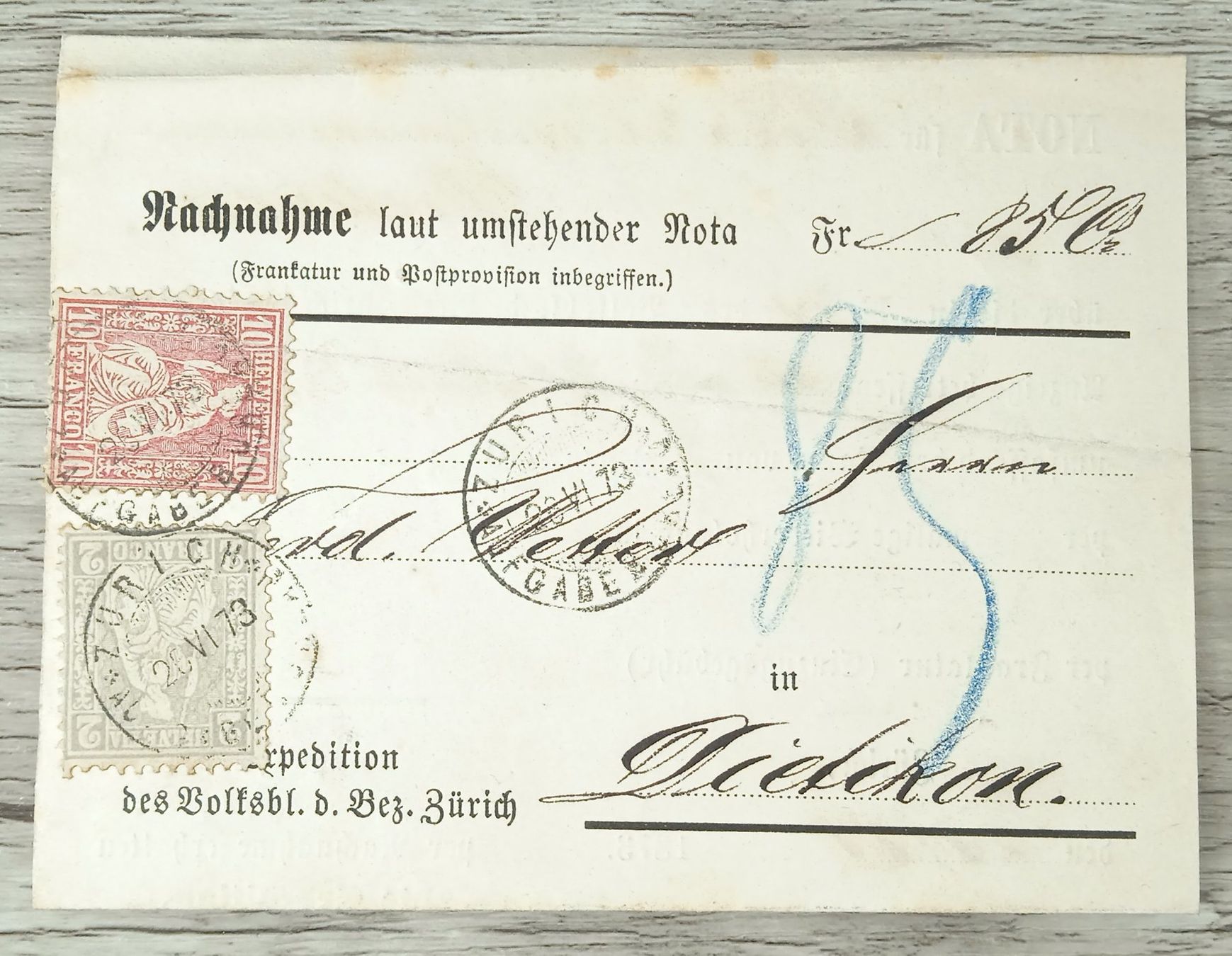 Tutti i francobolli: TR09 Document + Timbre Suisse 1873 – Usato da Cousset venduto da Patrick_Collections