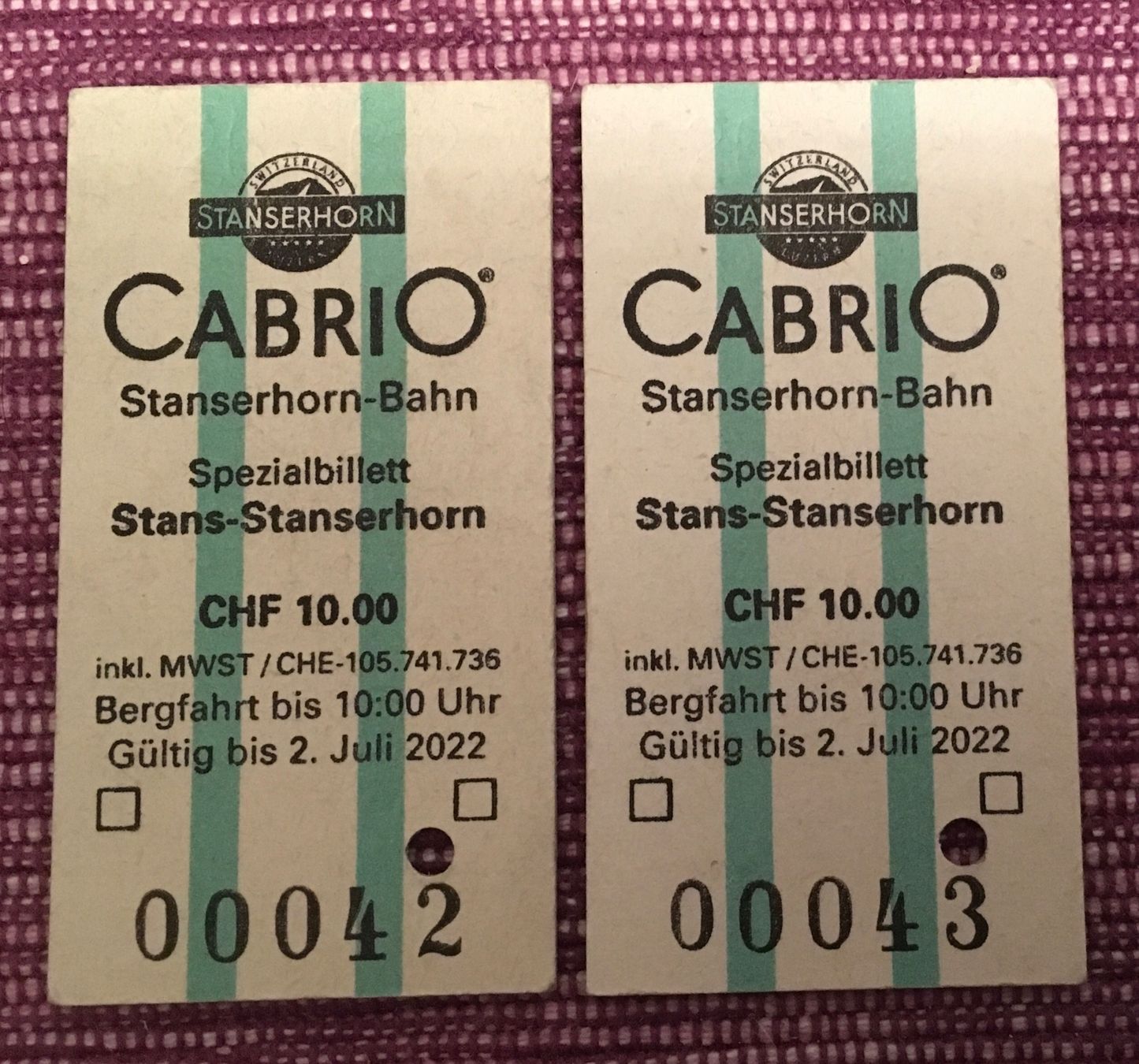 Tickets: 2 Billette Bahnen Cabrio Stanserhorn Bahn – Gebraucht aus Kriens von Niklaus014