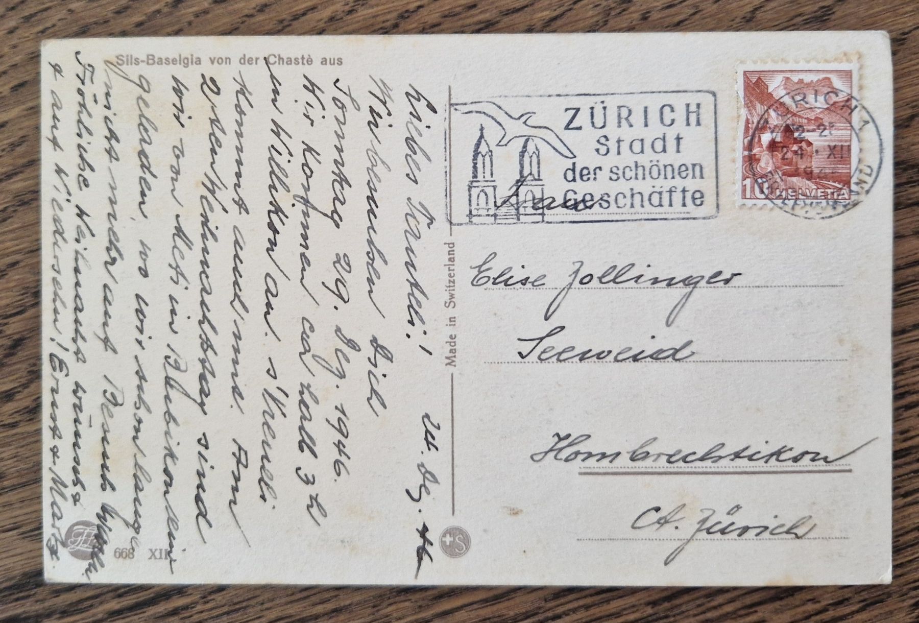 Ansichtskarten: Kunstkarte Sils-Baselgia 1946 – Gebraucht aus Ebikon von Donar50 1
