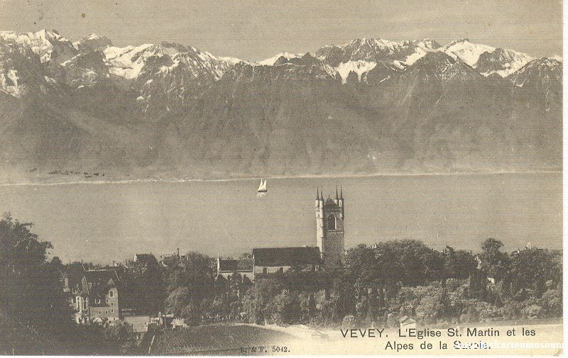 Ansichtskarten: Vevey - L'eglise St. Martin + 1908 – Gebraucht aus Emmenbrücke von teestube