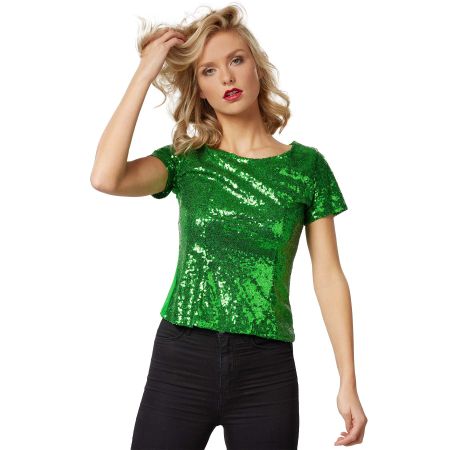 Pailletten-Kurzarm-Shirt Grün M