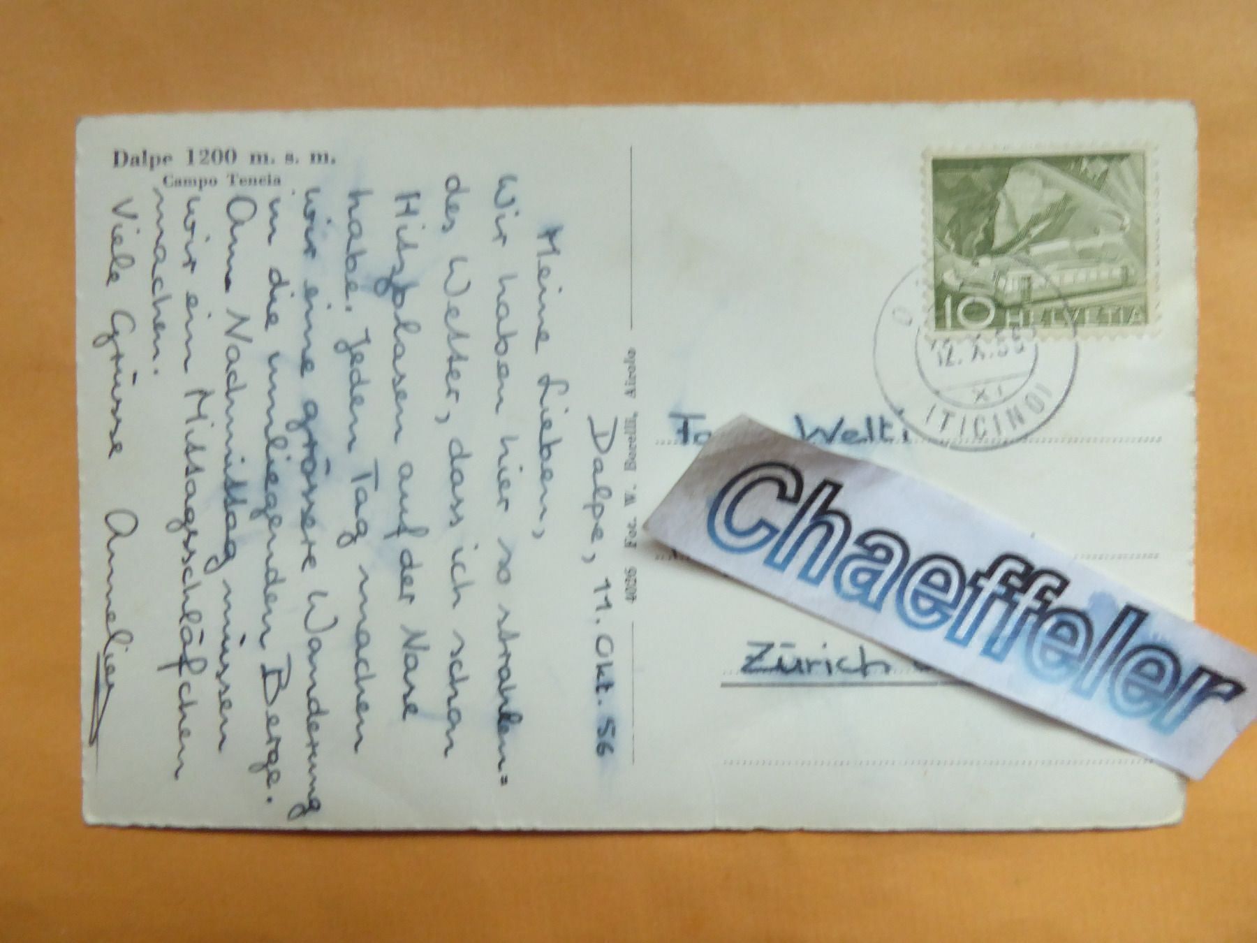 Cartoline postali: 1955 Dalpe,  Campo Tencia – Usato da Zürich venduto da Chaeffeler 1