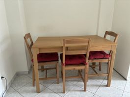Dining Set Table + Chairs Red Cushions