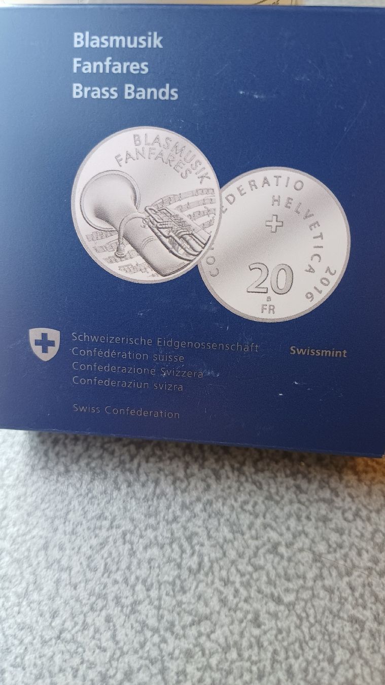 Tutti le monete: Blasmusik 20fr Silber Swissmint 2016 pp in org.Box – Usato da Bex venduto da renebaar 2