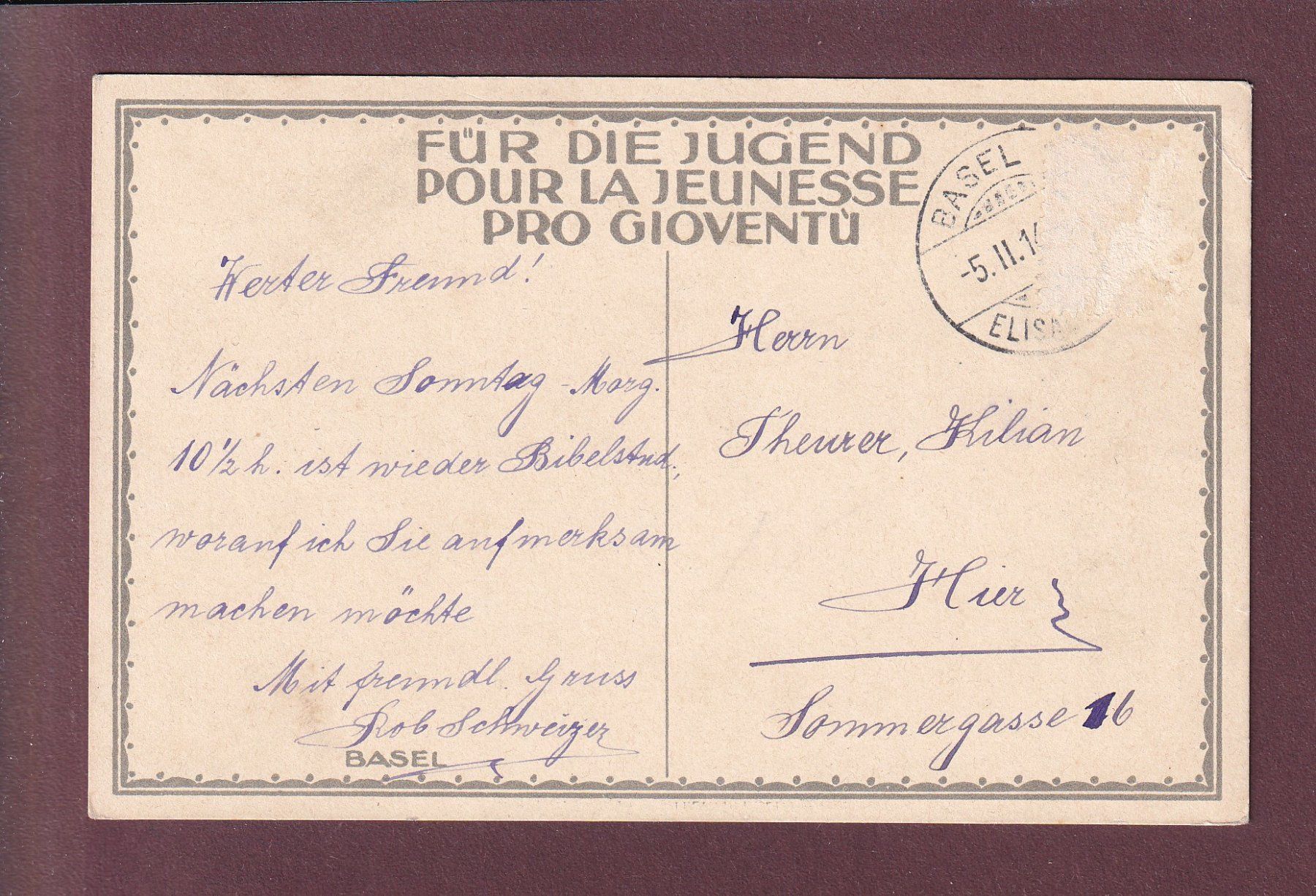 Cartoline postali: Für die Jugend - BASEL - Spalentor - 1914 // Eckbug / Rück v – Usato da Pully venduto da nicecards 1