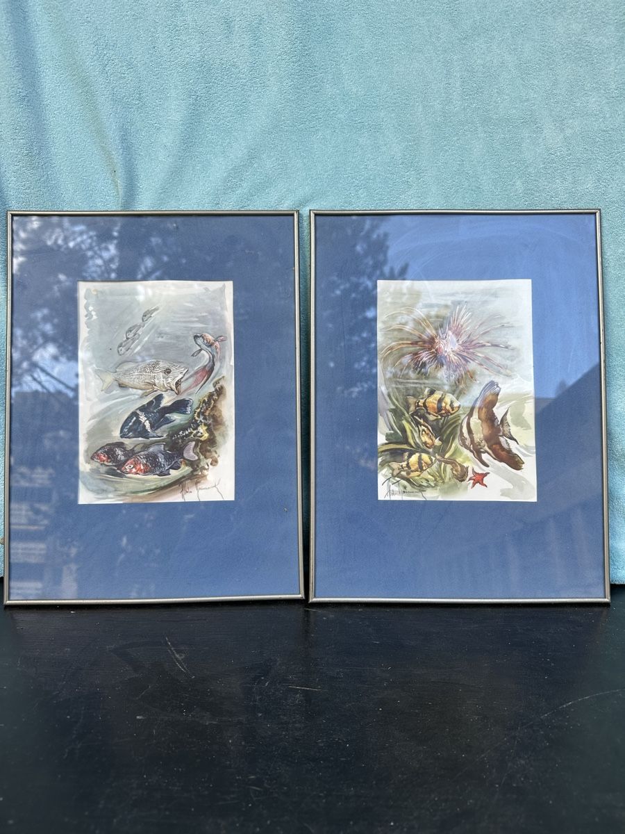 Dipinti: 2 Aquarelles poissons signées . – Usato da Lausanne venduto da artnouveau04