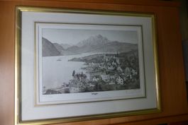Paul Wyss Litho - Weggis im Echtgoldrahmen üb Eck vergoldet