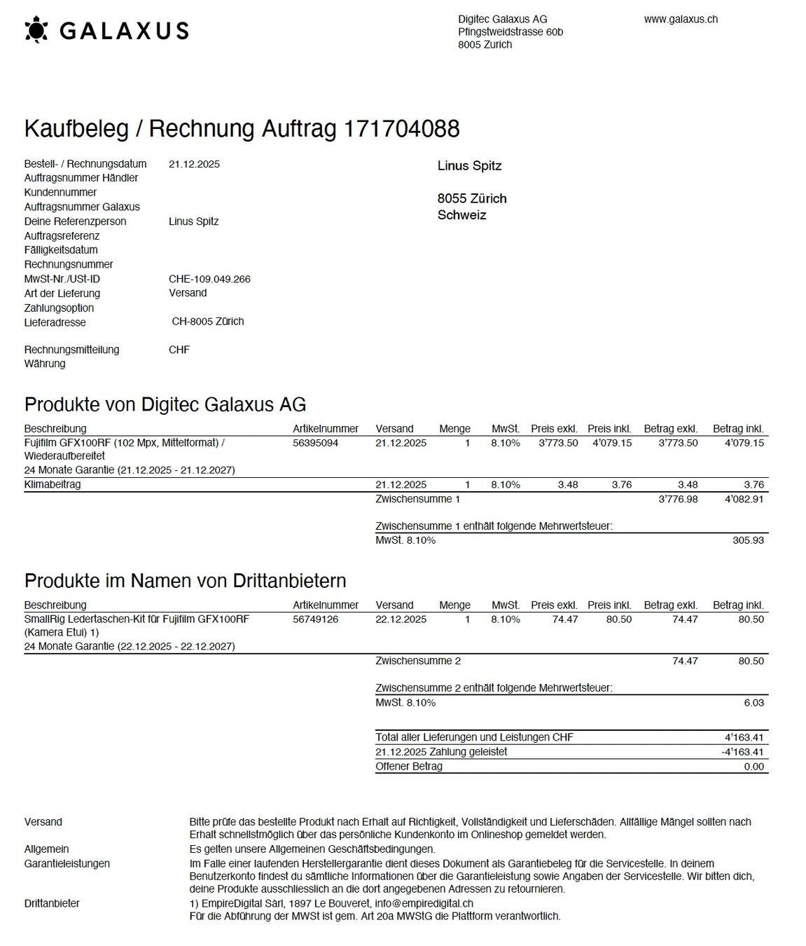 Fujifilm Fotocamera: Fujifilm GFX100RF mit Garantie – Usato da Zürich venduto da Javelin2011 5