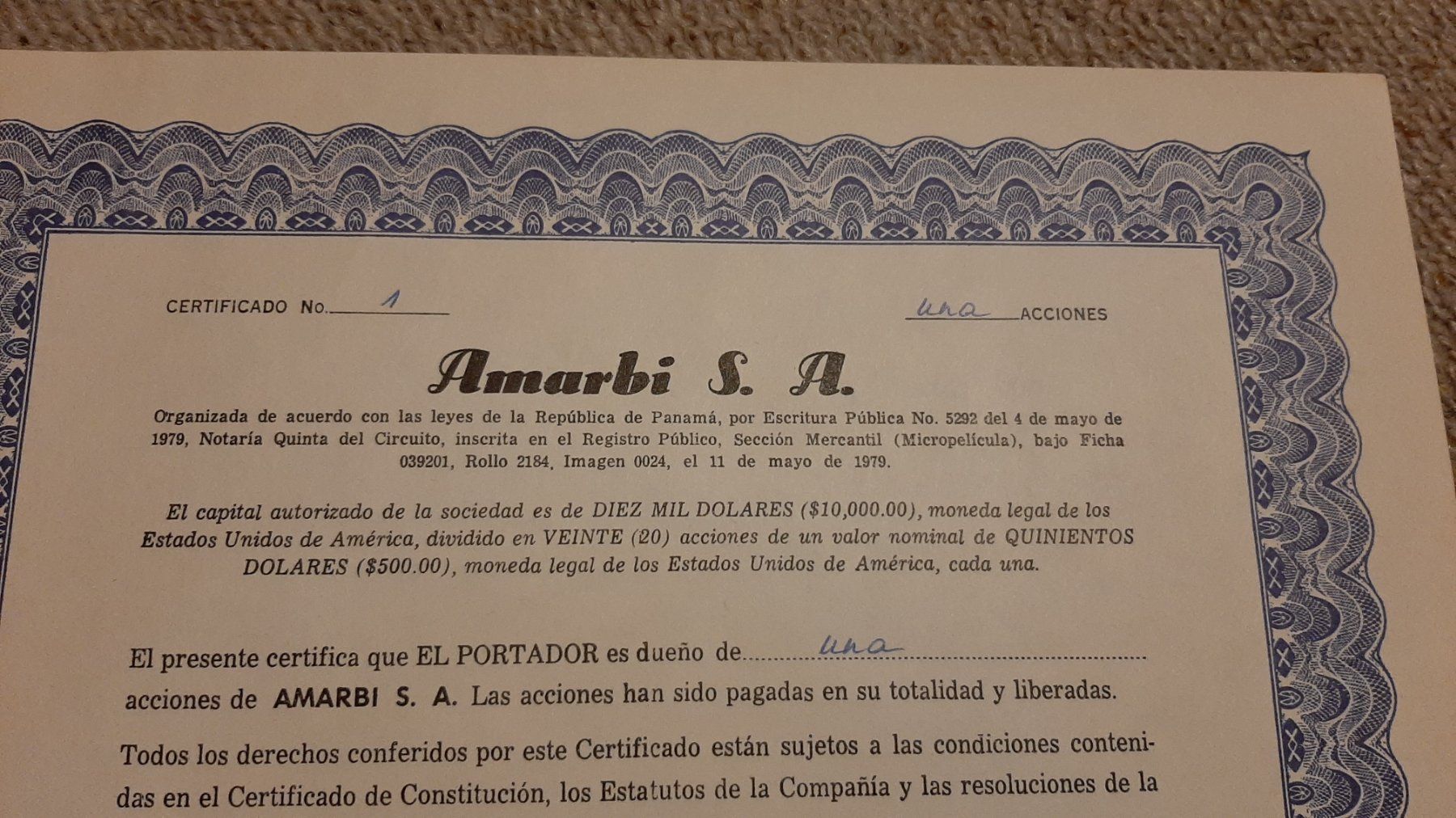 Dokumente: Aktie Amarbi SA, Panama, 1979 – Neu (gemäss Beschreibung) aus Porza von ulletta1 1