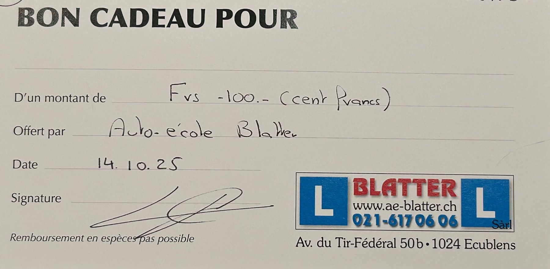Buoni: Bon 100.- auto-école Blatter Ecublens – Nuovo e nell'imballaggio originale da Corcelles-près-Concise venduto da marsupi78 1