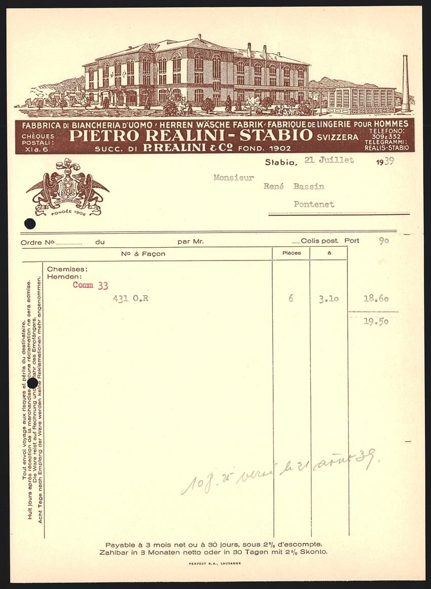 Autres collections & raretés: Rechnung Stabio 1939, Pietro Realini, Fa – D'occasion à Berlin par bartko-reher