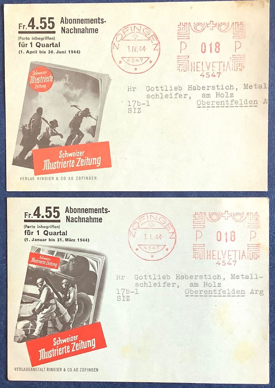 Tutti i francobolli: 1944 - 2 Postkarten Schweizer illustrierte Maschinenstempel – Usato da Liestal venduto da Pep3