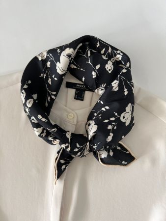 New 53cm Silk Scarf Floral Black and Cream, Silk Twill