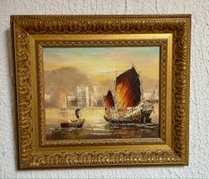 Ölgemälde mit Goldrahmen, Asiatische Boote