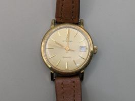 Eterna Damenuhr, Quartz, vergoldet, Vintage, Lederband