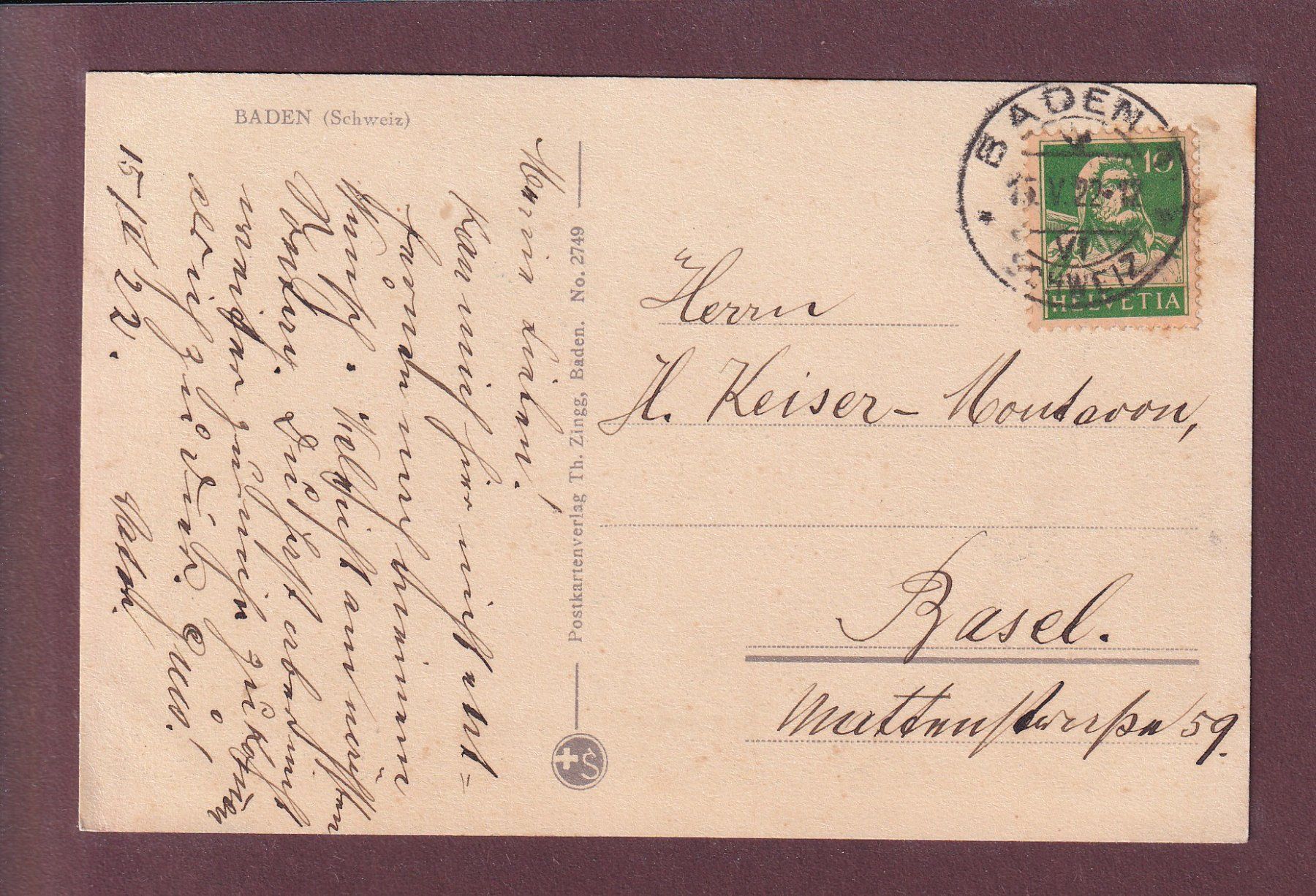 Cartoline postali: BADEN - 1922 – Usato da Pully venduto da nicecards 1