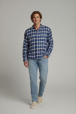 Marineblaues kariertes Button-Down-Hemd - Langärmeliges