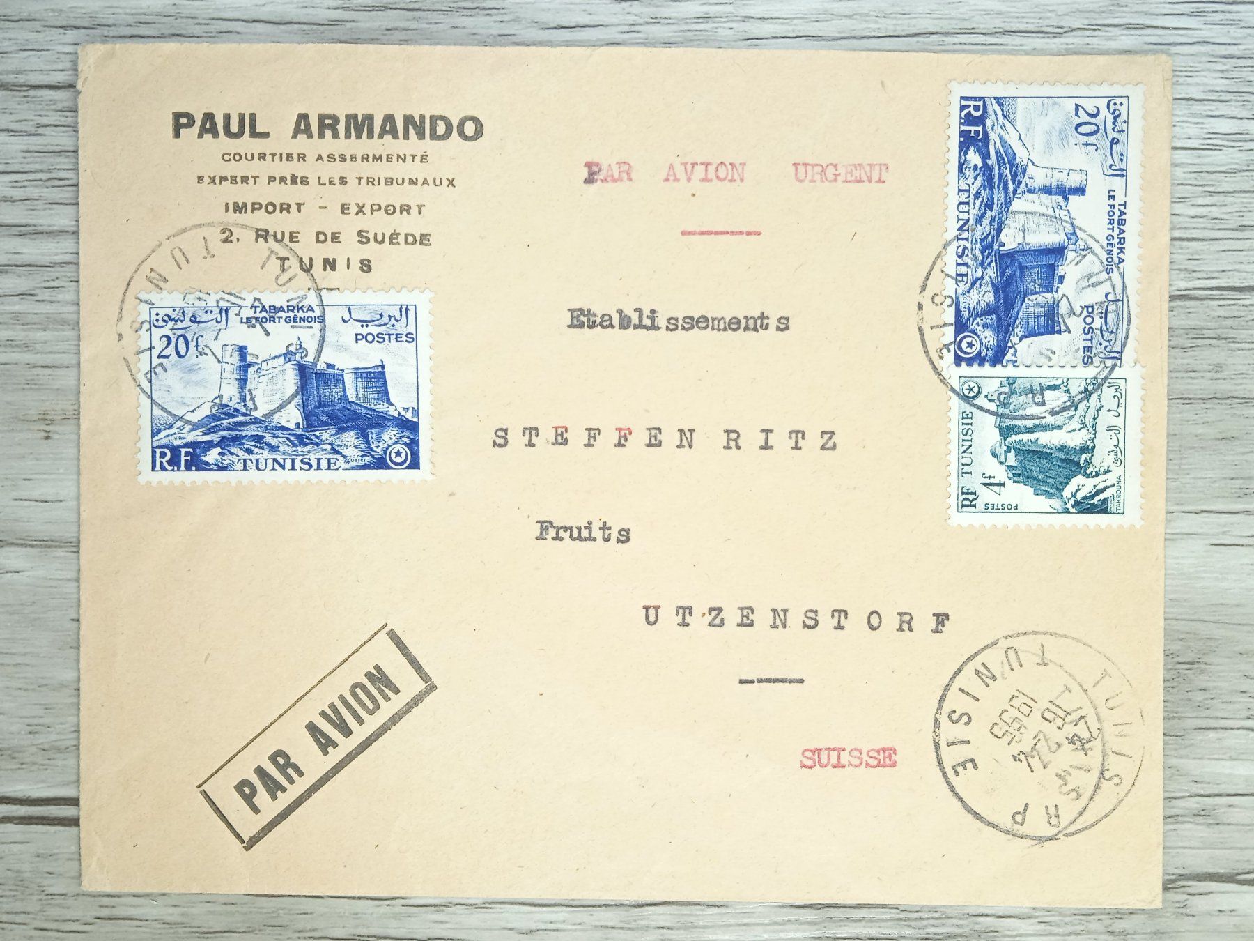 Alle Briefmarken: TR80 Enveloppe + Timbre Tunisie 1955 – Gebraucht aus Cousset von Patrick_Collections