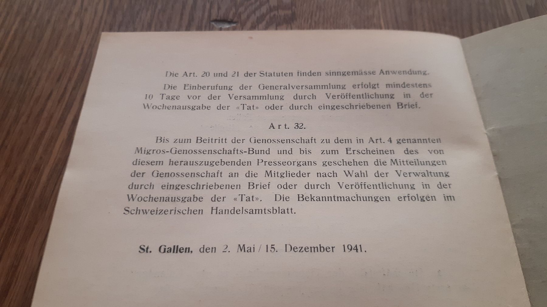 Migros Dokumente: Statuten Genossenschaft Migros St. Gallen 1941 – Gebraucht aus Oey von Parkplatzbrocki 3